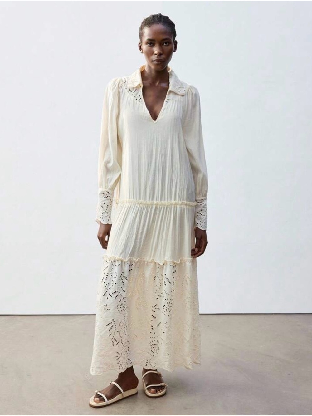 Ivory Long Sleeve Maxi Dress with Eyelet Trim